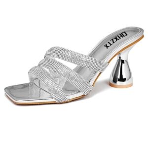 Rhinestone Square Heeled Sandals Slip On Peep Toe
